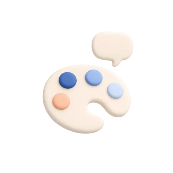 A painter’s palette with four colours and a speech bubble.
