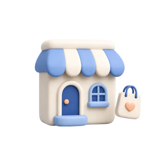 A small shop with a striped awning and a shopping bag.